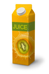 juice carton with kiwi falling in orange juice making a splash