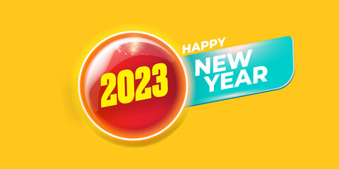2023 Happy new year horizontal banner background and 2023 greeting card with text. vector 2023 new year sticker, label, icon, logo and badge isolated on winter stylish orange background