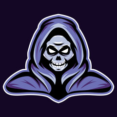 Evil skull monster in a hood. Design for print, stickers, emblems for esports team. Vector illustration