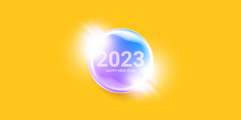 2023 Happy new year horizontal banner background and 2023 greeting card with text. vector 2023 new year sticker, label, icon, logo and badge isolated on winter stylish orange background