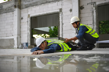 Accidents of builder in the workplace at construction site area, Builder accident falls ladder and...