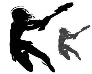 Black silhouette of a mechanic girl , she fearlessly jumps into battle with a wrench in her hands in a dynamic action anime pose . 2d vector art, white background, isolated.