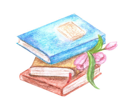 A stack of books drawn with watercolor pencils, highlighted on a white background.