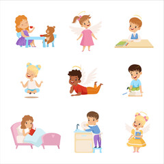 Obedient Boy and Girl with Good Breeding Engaged in Different Activity Vector Big Set