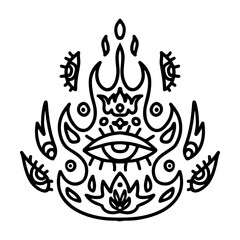 Esoteric mandala line art illustration. Spiritual fire with eyes, the third eye in the middle, tears. T-shirt print.
