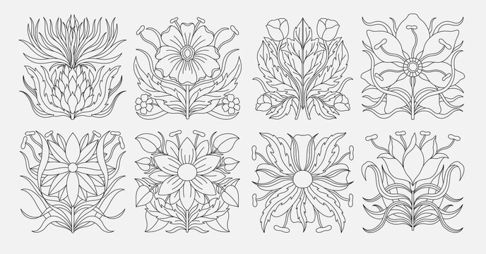 Art nouveau style flower plant stencil basic element. 1920-1930 years vintage design. Symbol motif design.