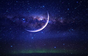 moon on star fall  blue lilac  starry sky sunset star fall cloudy dramatic  with planet flares universe purple nebula