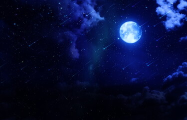 Obraz na płótnie Canvas moon on star fall blue lilac starry sky sunset star fall cloudy dramatic with planet flares universe purple nebula