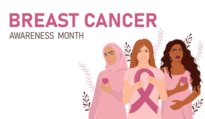 Fototapeta na wymiar Breast Cancer Awareness. Women community wearing pink. Breast cancer month banner. Vector illustration 