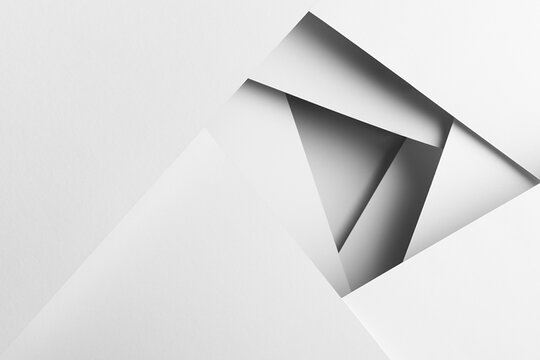 White abstract geometric background with flat spaces, lines and stripe as tunnel with perspective, shadows in minimal modern style. Backdrop for business poster, flyer, card.