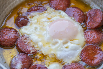Turkish Sausage (sausage) and eggs. Sausage Fried Egg, egg with bacon from top view, sausage with egg omelette.