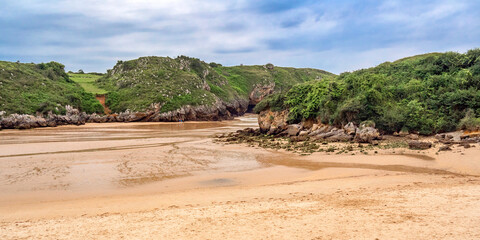 Fototapeta na wymiar Coastline and Cliffs, Beach of Poo, Protrected Landscape of the Oriental Coast of Asturias, Poo, Llanes, Asturias, Spain, Europe
