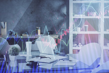 Multi exposure of stock market chart drawing and office interior background. Concept of financial analysis.