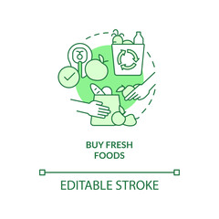 Buy fresh foods green concept icon. Zero-waste grocery shopping routine abstract idea thin line illustration. Isolated outline drawing. Editable stroke. Arial, Myriad Pro-Bold fonts used