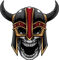 vector illustration of skull wearing viking helmet in vintage style