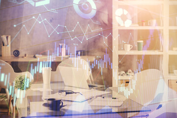 Multi exposure of stock market chart drawing and office interior background. Concept of financial analysis.