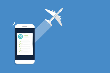 Flight insurance document on mobile phone. Airlines risk safety assurance agreement, checklist. Airplane travel coverage protection.	