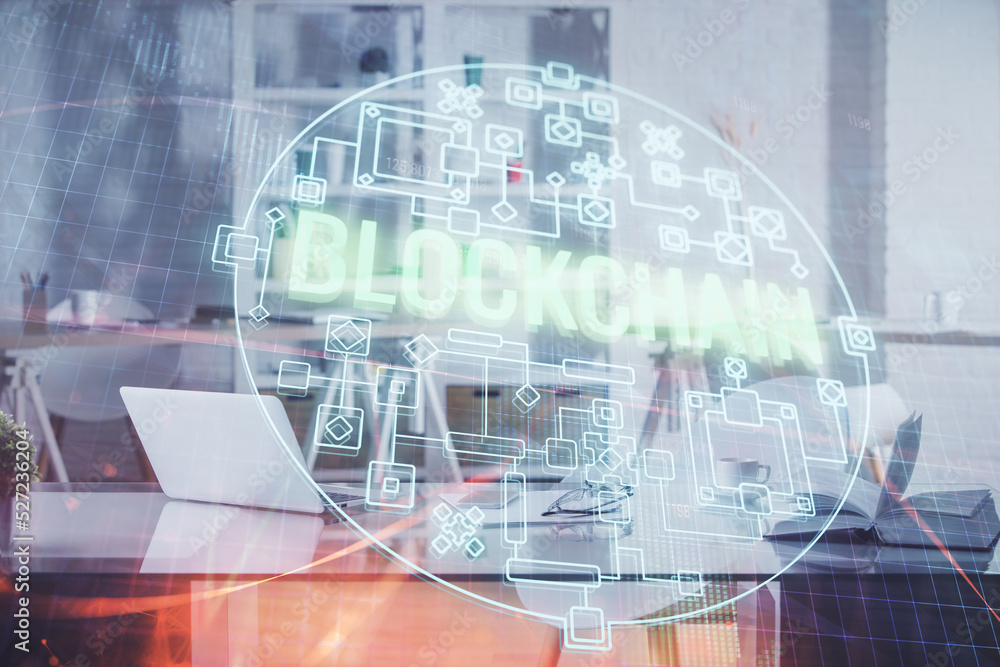 Aufkleber double exposure of crypto technology theme drawing and office interior background. concept of blockc