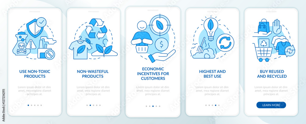 Poster zero waste business key elements blue onboarding mobile app screen. walkthrough 5 steps editable gra