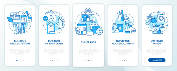 Fototapeta na wymiar Switching to zero-waste lifestyle blue onboarding mobile app screen. Walkthrough 5 steps editable graphic instructions with linear concepts. UI, UX, GUI template. Myriad Pro-Bold, Regular fonts used