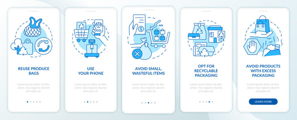 Reduce waste while shopping blue onboarding mobile app screen. Walkthrough 5 steps editable graphic instructions with linear concepts. UI, UX, GUI template. Myriad Pro-Bold, Regular fonts used