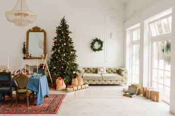 Classic Christmas New Year interior of the room is decorated with a Christmas tree. Christmas tree...