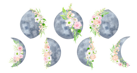 Watercolor Moon phases set. Mystical blue full moon and crescent moon illustration isolated on white background. Magic Earth satellite. Celestial lunar print for cards, poster, invitations