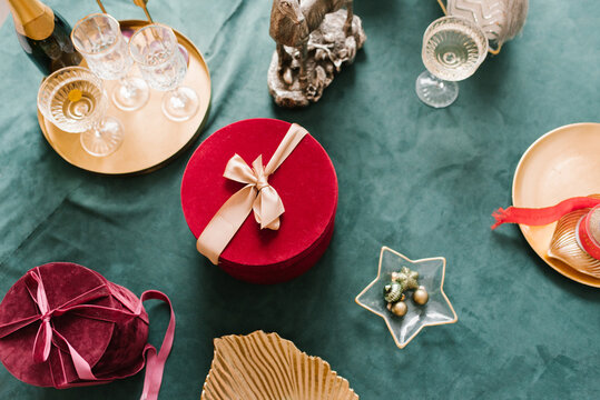 Top View Table Server For Christmas Dinner In Living Room, Close-up View, Table Setting, Christmas Decoration.