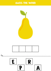 Spelling game for preschool kids. Cartoon pear.