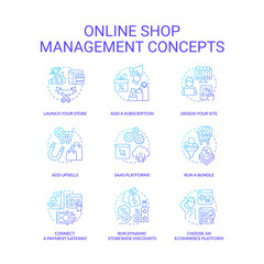 Online shop management blue gradient concept icons set. Online sales. Marketing techniques. Ecommerce idea thin line color illustrations. Isolated symbols. Roboto-Medium, Myriad Pro-Bold fonts used