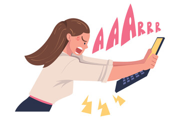 Furious Woman Office Employee with Fierce Face Crashing and Breaking Laptop Vector Illustration