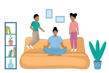 Indian family at home, mother sitting on sofa in lotus position, ignoring children jumping next to her, flat vector, faceless illustration