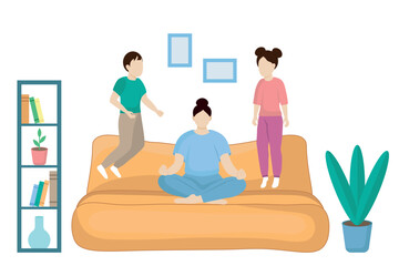 Mom sits on the sofa in a lotus position, ignoring the children jumping next to her, flat vector, faceless illustration, home interior