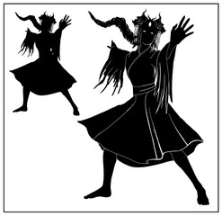 Silhouette of a fantasy character, a girl in a crown with a pigtail in full growth without a background. A dark sorceress in a kimono with a big ragged sleeves conjures with legs and arms wide apart.