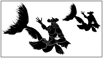 Silhouette of a dark, water fantasy creature with sharp teeth in full growth without a background. Terrible, sea monster, Merman in armor with a fishtail, large fins and hands, 2d illustration.