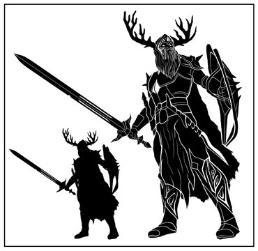 Isolated silhouette of a fantasy character, knight with a shield and a sword in full growth without a background. Warrior with a beard in armor with a cloak and a helmet with horns, 2d illustration.