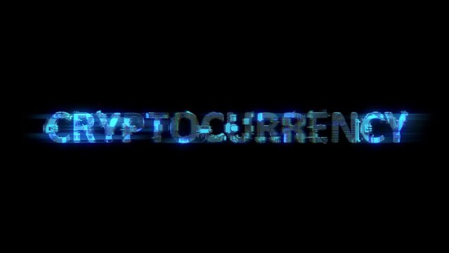 abstract glitch cybernetic text CRYPTOCURRENCY shining blue electrical light, isolated