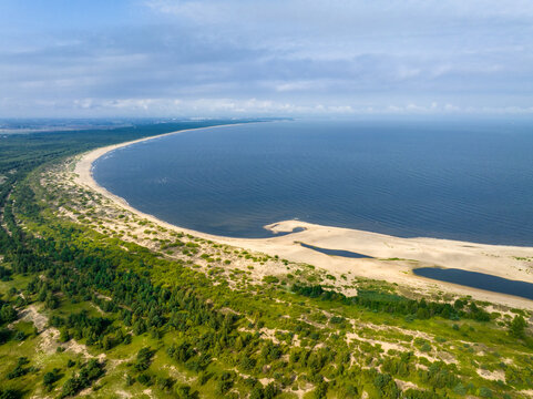 Baltic Sea and Vistula Estuary Aerial View. The Bay of Gdańsk at summer time. from above. Baltic Sea, Mikoszewo. Poland. Europe. 
