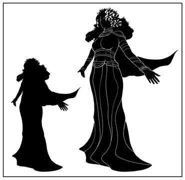 Isolated silhouette of a beautiful, young girl with lush hair in full growth. Cute, slim princess in a long dress with jewelry and a flower wreath on her head, 2d illustration without background.