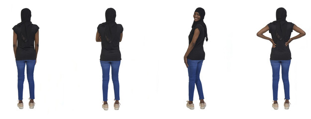 back view of a same woman with burka, turned and looking at camera on white background