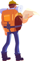 Tourist in a cap with backpack and map.