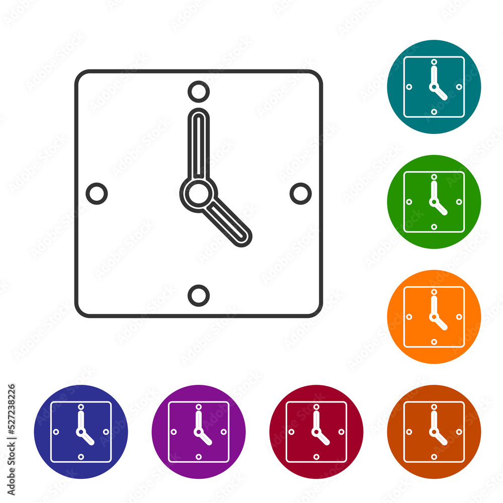 Poster black line clock icon isolated on white background. time symbol. set icons in color circle buttons. 