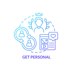 Get personal blue gradient concept icon. Individual approach to cliencts. Online store management tip abstract idea thin line illustration. Isolated outline drawing. Myriad Pro-Bold font used