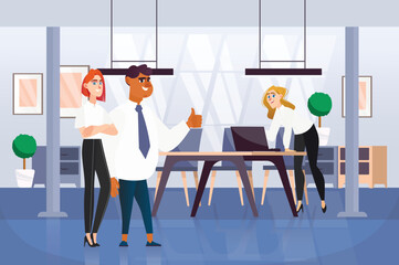 Office concept with people scene in the background cartoon style. Employees complete a successful working day in the office. Vector illustration.