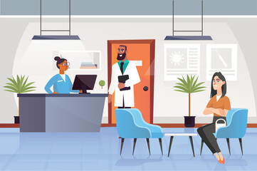 Medical clinic concept with people scene in the background cartoon design. Girl is waiting for an appointment with a doctor in the hospital corridor. Vector illustration.