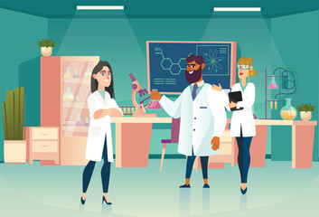 Science laboratory concept with people scene in the background cartoon style. Researchers conduct chemical experiments in a science laboratory. Vector illustration.