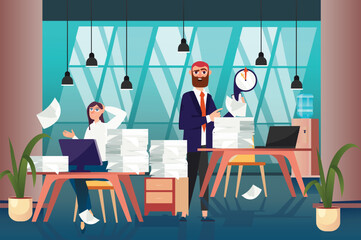 Deadline concept with people scene in the background cartoon design. Workers in the office with a lot of papers trying to complete the task. Vector illustration.