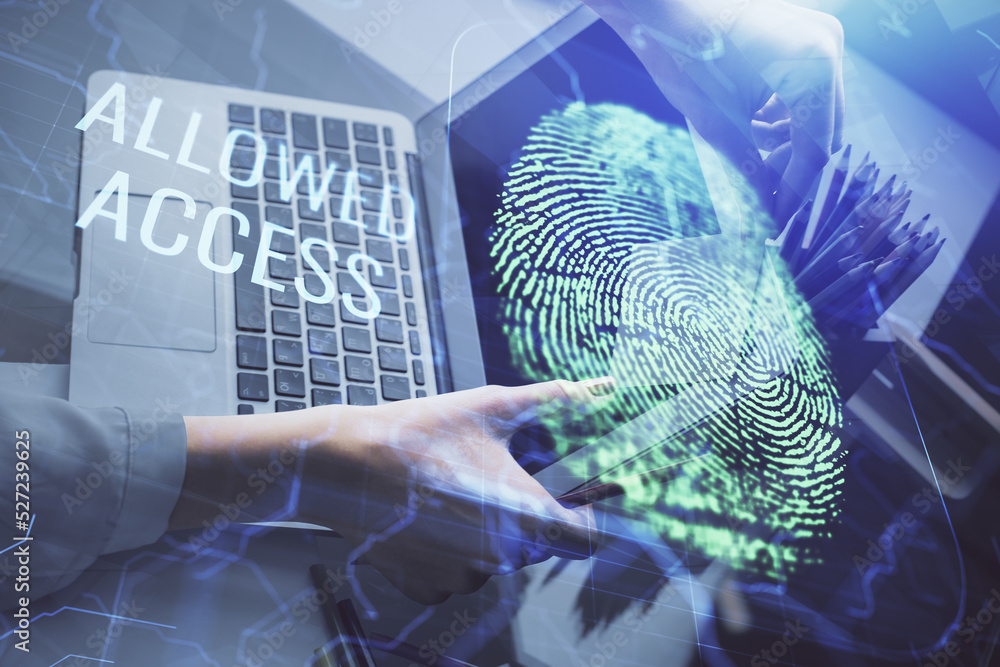 Poster double exposure of woman hands typing on computer and fingerprint drawing. security concept.