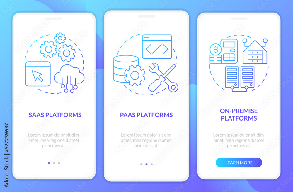 Aufkleber types of ecommerce platforms blue gradient onboarding mobile app screen. walkthrough 3 steps graphic