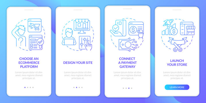 Starting online store blue gradient onboarding mobile app screen. Walkthrough 4 steps graphic instructions with linear concepts. UI, UX, GUI template. Myriad Pro-Bold, Regular fonts used